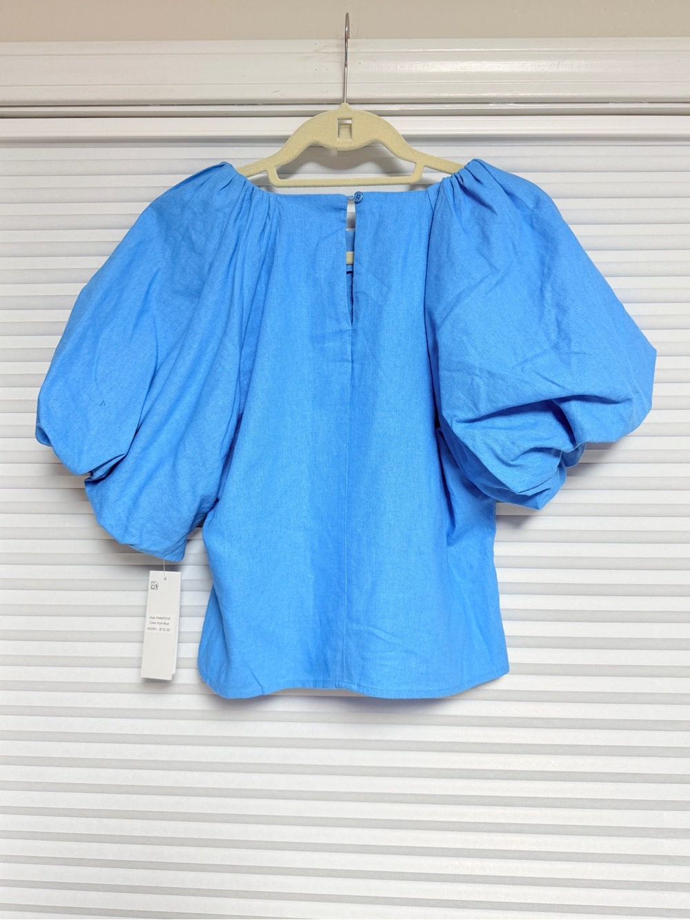 DKNY linen blend Puff Sleeve Blouse in Pool Blue - Picture 2 of 7